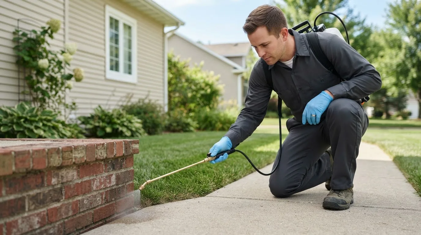 Pest control technician treating a home near Johnston, RI